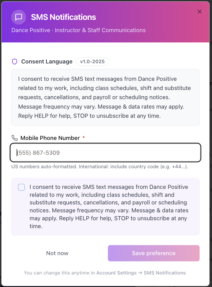 Dance Positive in-app SMS consent screen shown to staff at login, with an unchecked consent checkbox