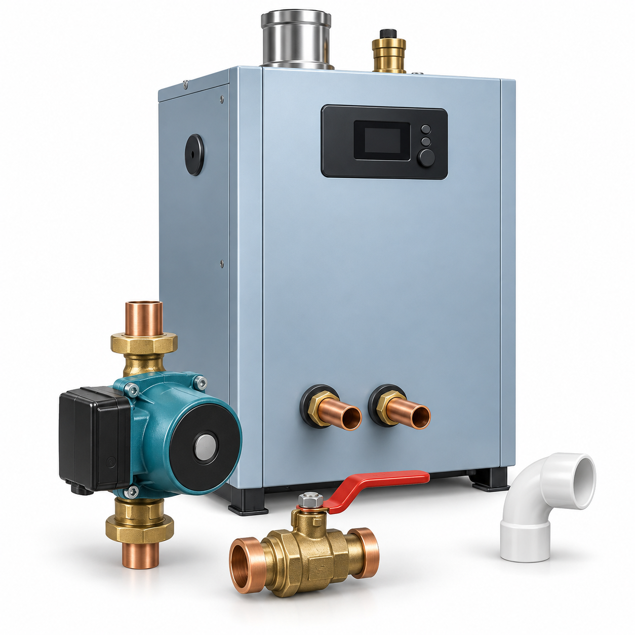 Boiler, circulator pump and water piping for heating, air conditioning and refrigeration service