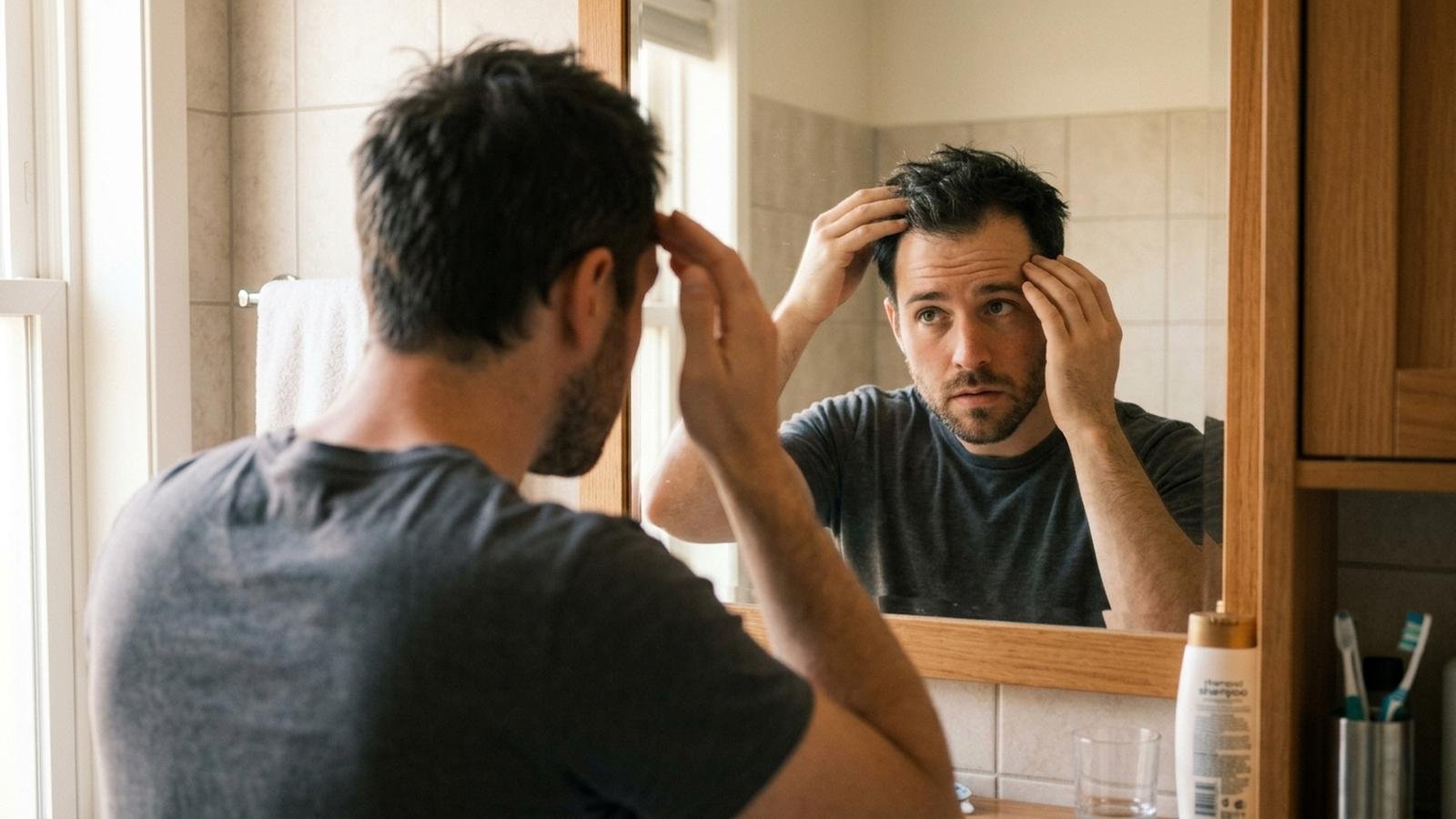 Man bekijkt zijn haarlijn in de spiegel