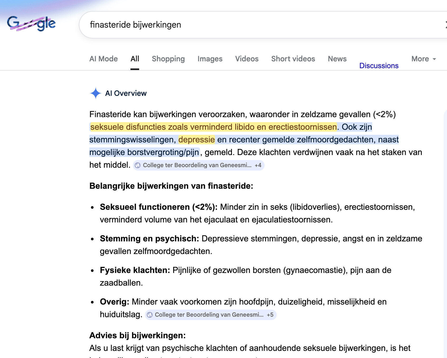 Google zoekresultaten Finasteride bijwerkingen