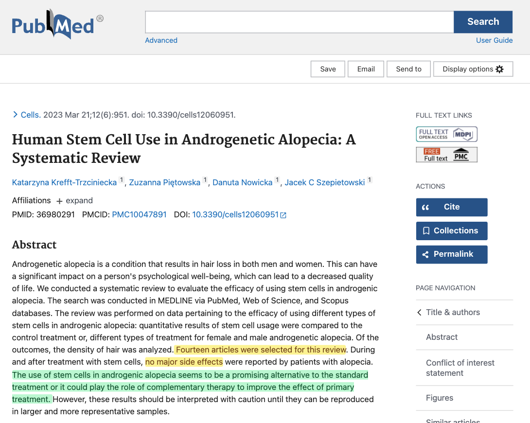 Human Stem Cell Use in Androgenetic Alopecia: A Systematic Review (Cells, 2023)