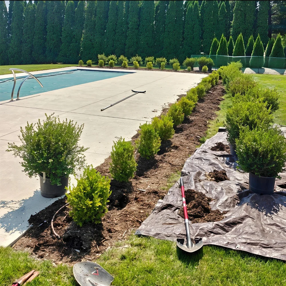 During GGL boxwood planting beside a pool: plants, tools, and bed preparation visible