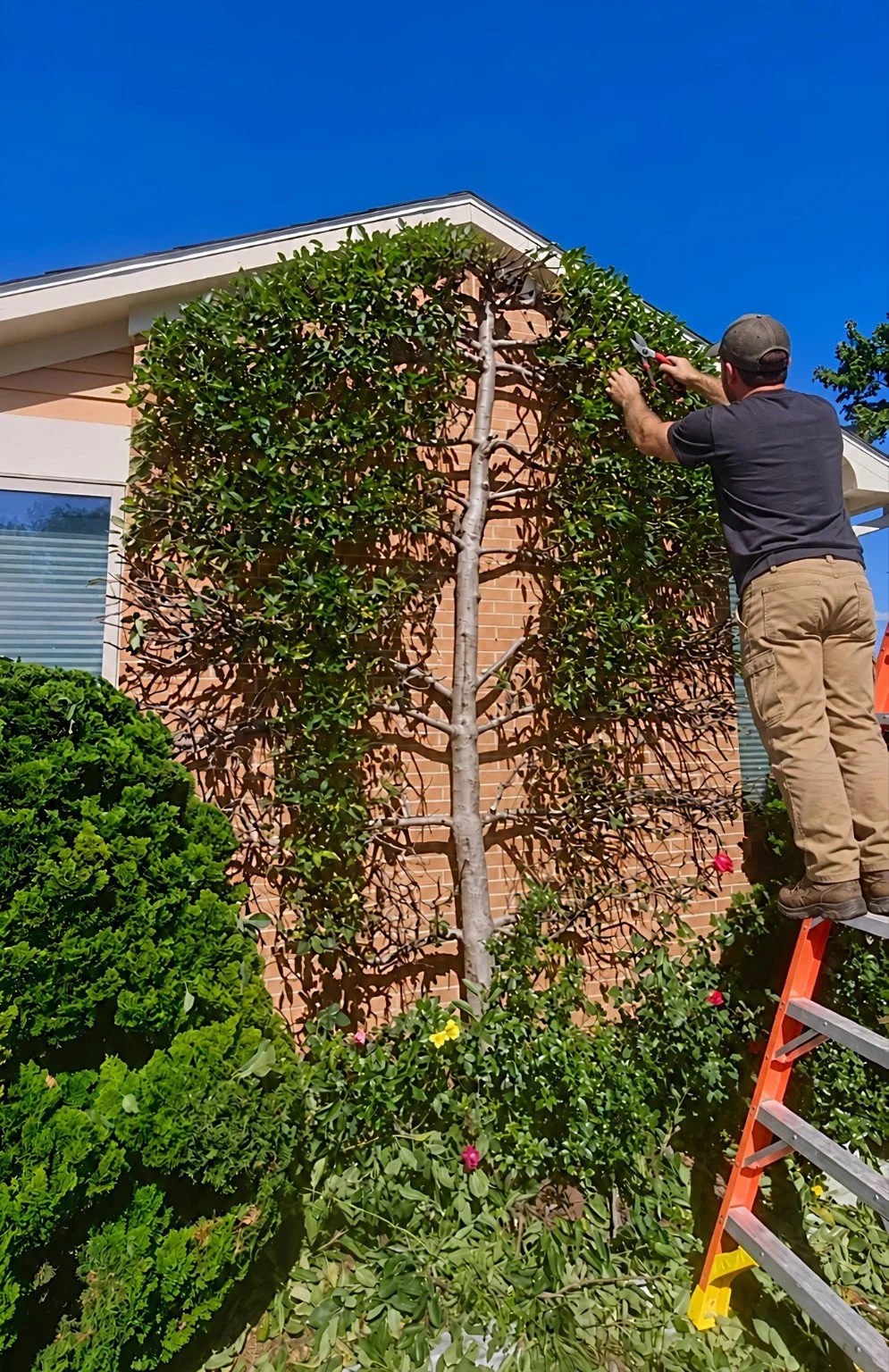 Andre hand-pruning an espalier apple tree trained against a brick wall