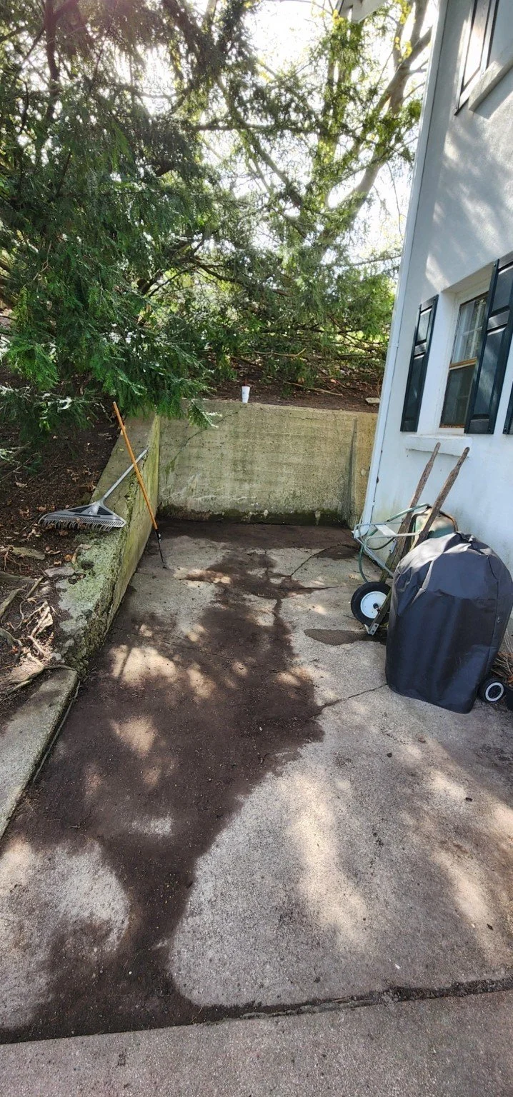 After GGL cleanup: the paved area beside the same home visible after leaf and branch removal