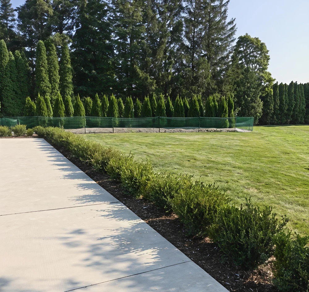 After GGL boxwood planting: a planted row of boxwoods follows the pool-deck edge