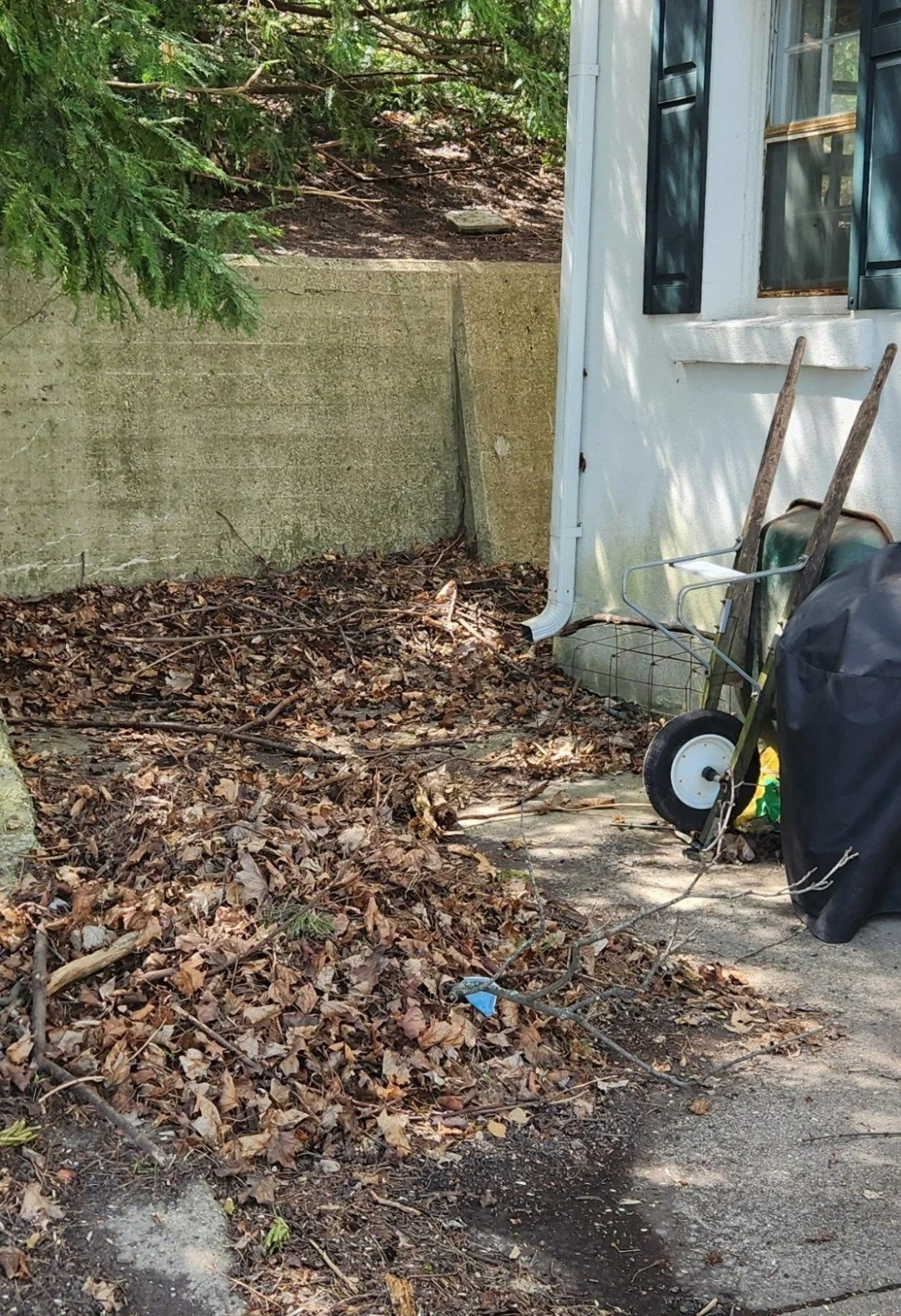 Before GGL cleanup: leaves and loose branches cover a paved area beside a home and retaining wall