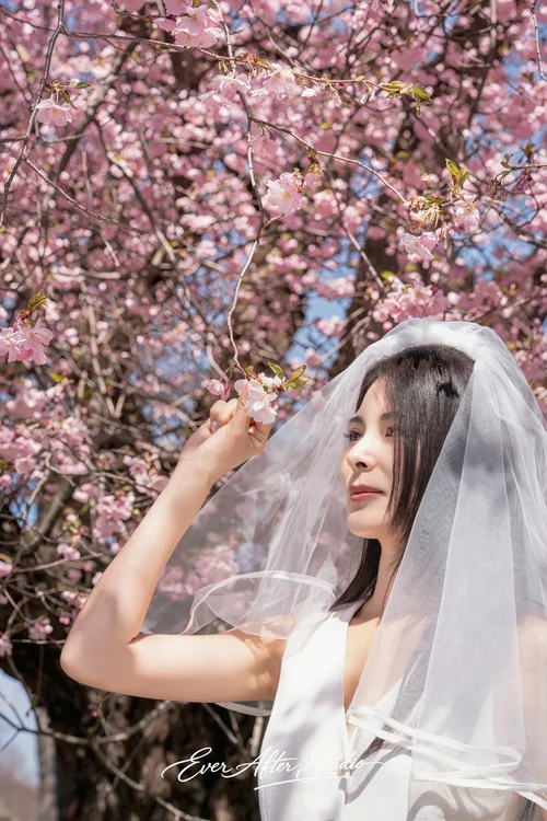 Veiled woman reaching toward pink blossoms overhead