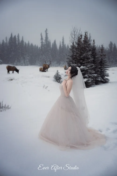 Woman in a white gown standing in a snowy clearing among evergreen trees