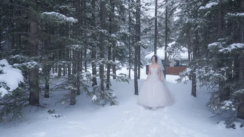 Woman in a white gown walking between snow-covered evergreen trees