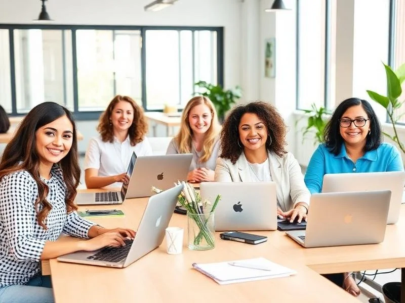 Professional virtual assistants team working at laptops