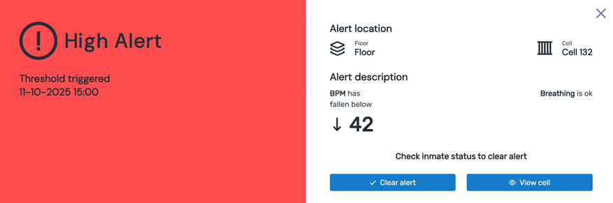 ReassureHub alert details screen showing alert type, timestamp, measurement, cell, and actions