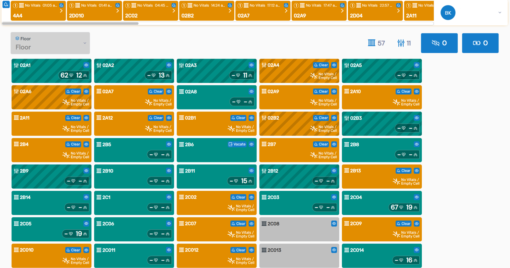 ReassureHub facility dashboard showing a grid of cell status tiles