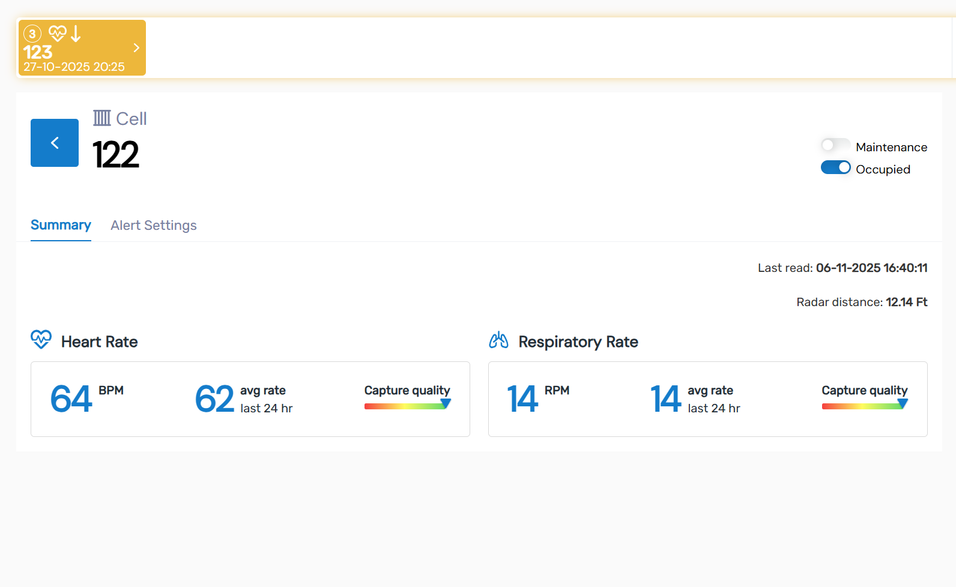 ReassureHub detailed cell view with status, heart rate, respiratory rate, and capture quality