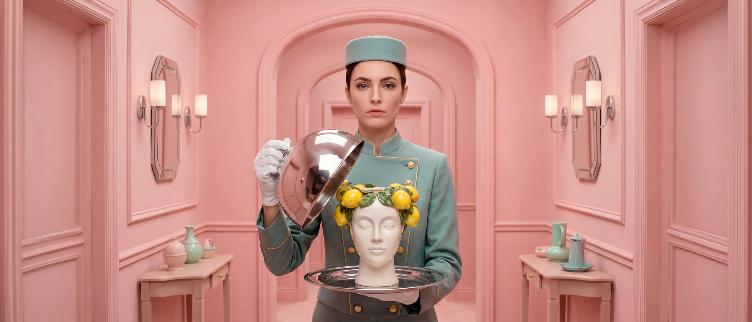 Una mujer con uniforme verde presenta una maceta en forma de cabeza con limones, en una sala rosa.
