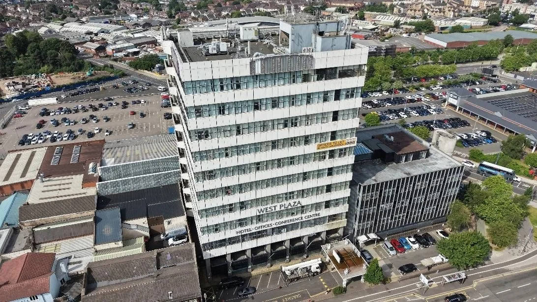 Drone view of West Plaza, an eleven-storey tower in West Bromwich town centre
