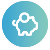 Piggy bank icon on a gradient blue circular background.