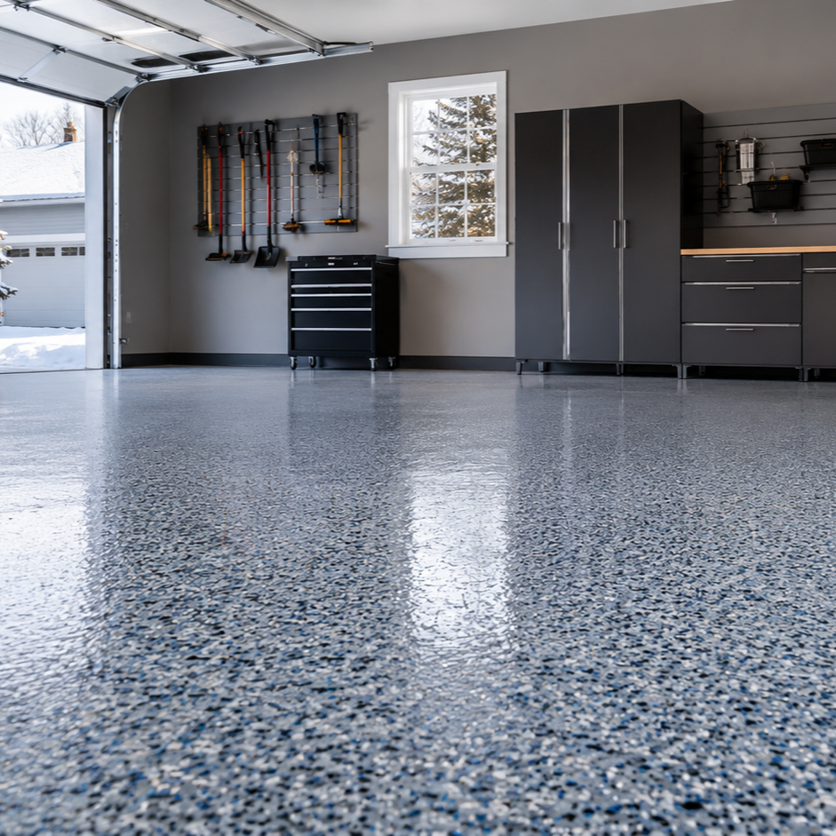 garage floor with yellowing near garage door and soft patch