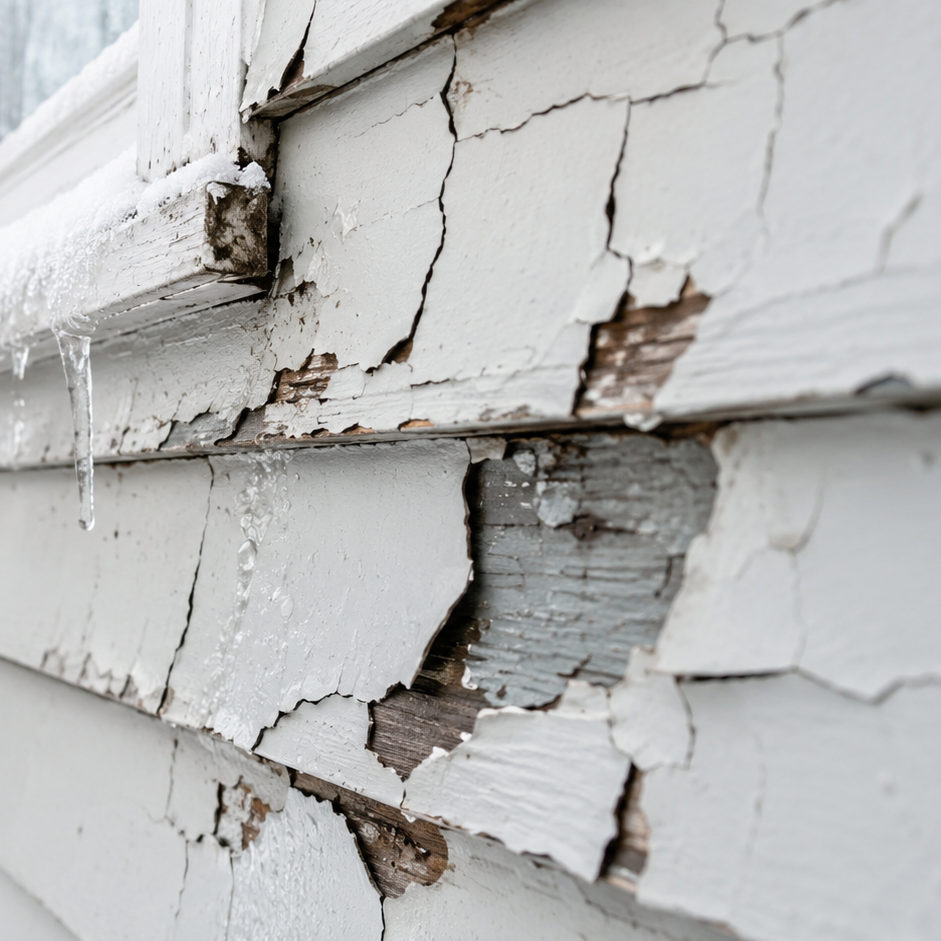 peeling blue paint on wood siding after minnesota winter