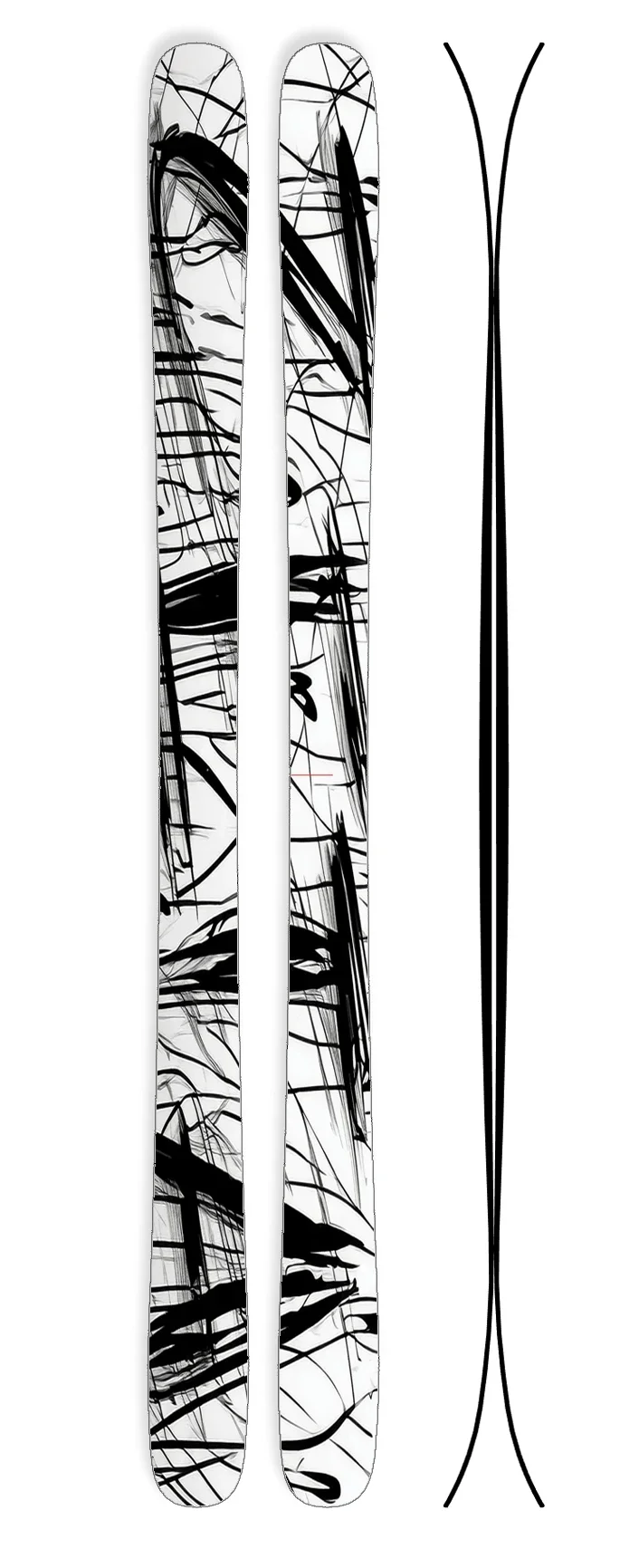 T4 skis with black and white Zeta graphics, alongside the twin tip side profile