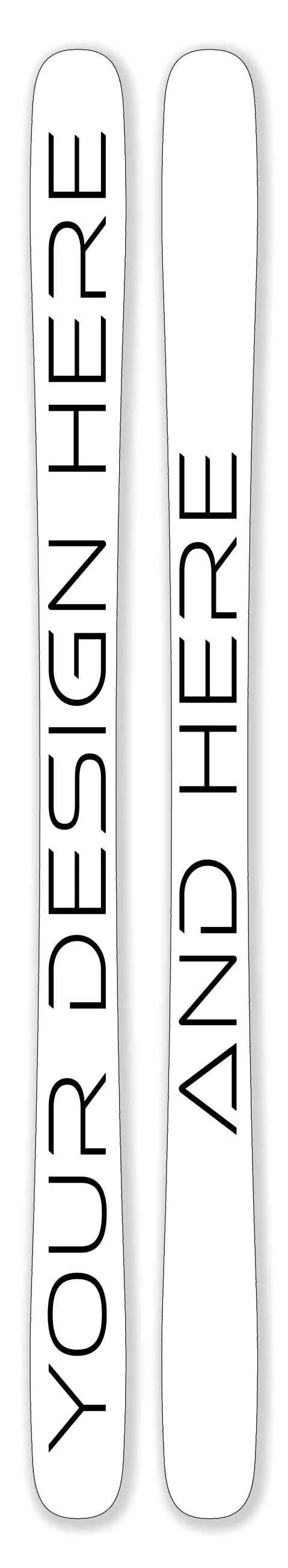 White ski topsheets with Your Design Here and And Here lettering