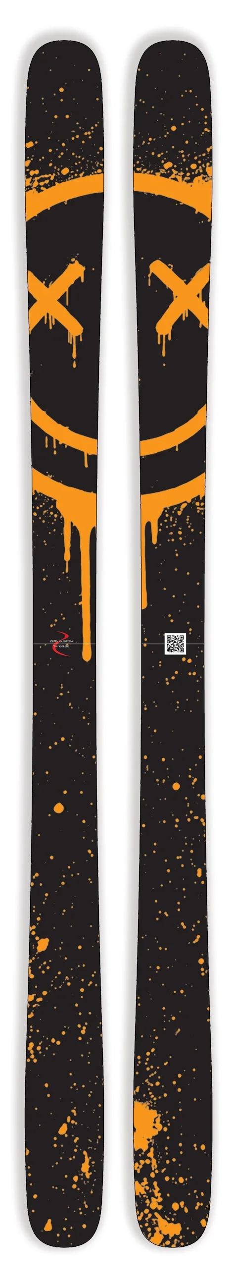 Orange smile graphic on black ski topsheets