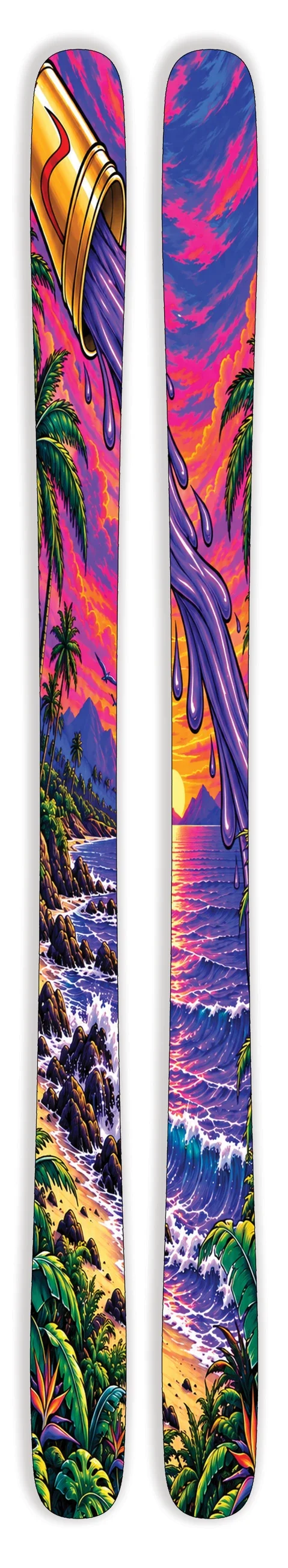 Vivid tropical coast and pouring purple paint ski topsheets