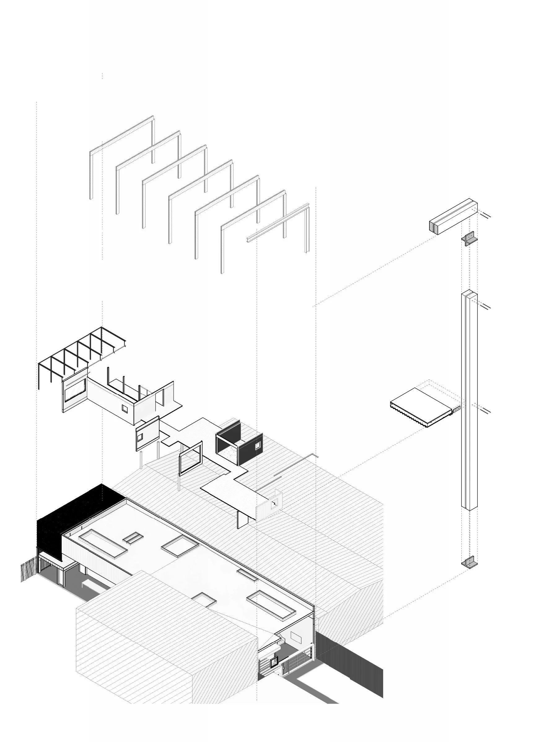 Bay Street Office — exploded axonometric of the second-level addition and floating interior boxes, Arts District, Downtown Los Angeles