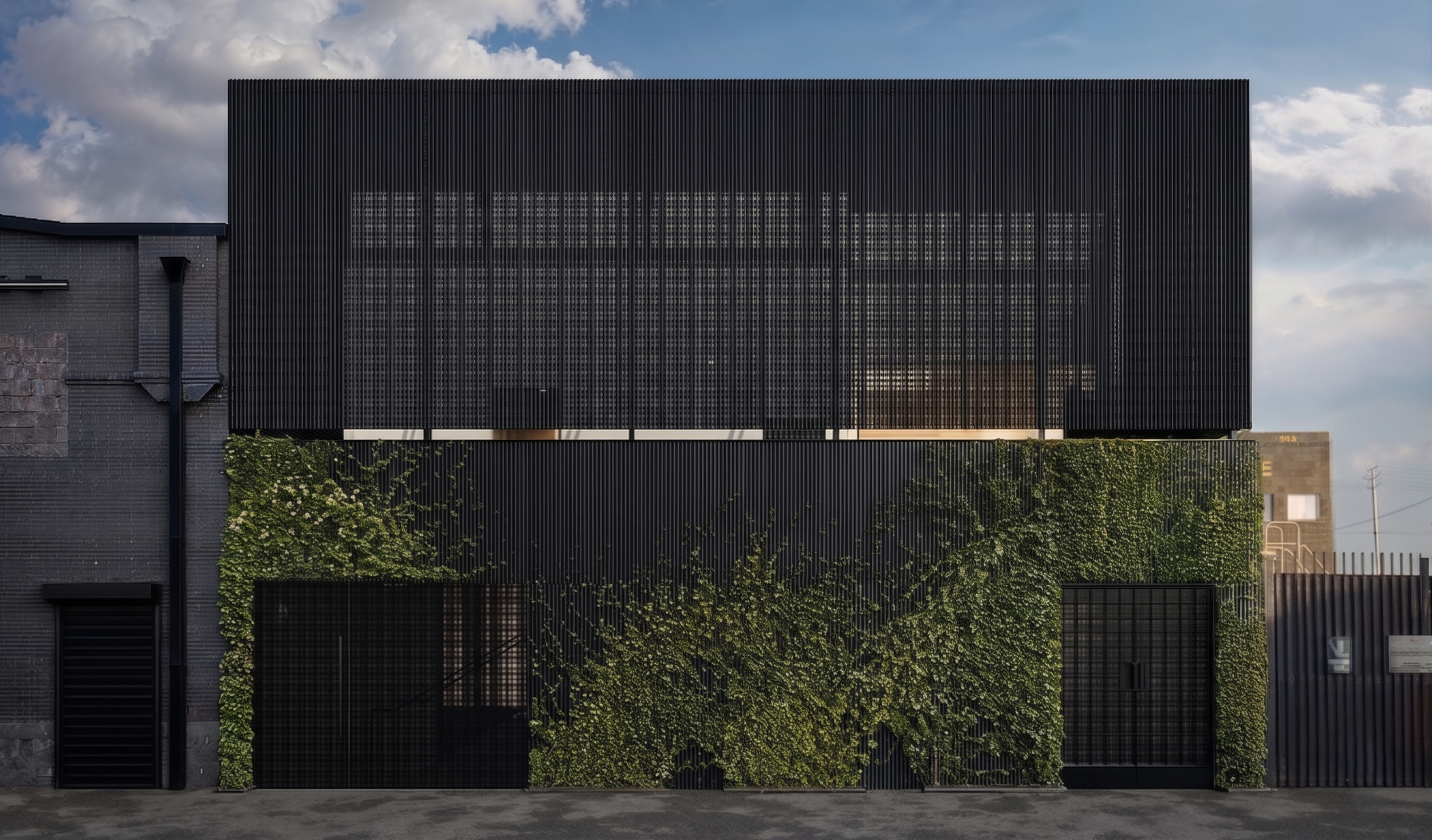 Bay Street Office — street facade, with the new corrugated-metal level floating above the planted, vine-covered industrial base, Arts District, Downtown Los Angeles