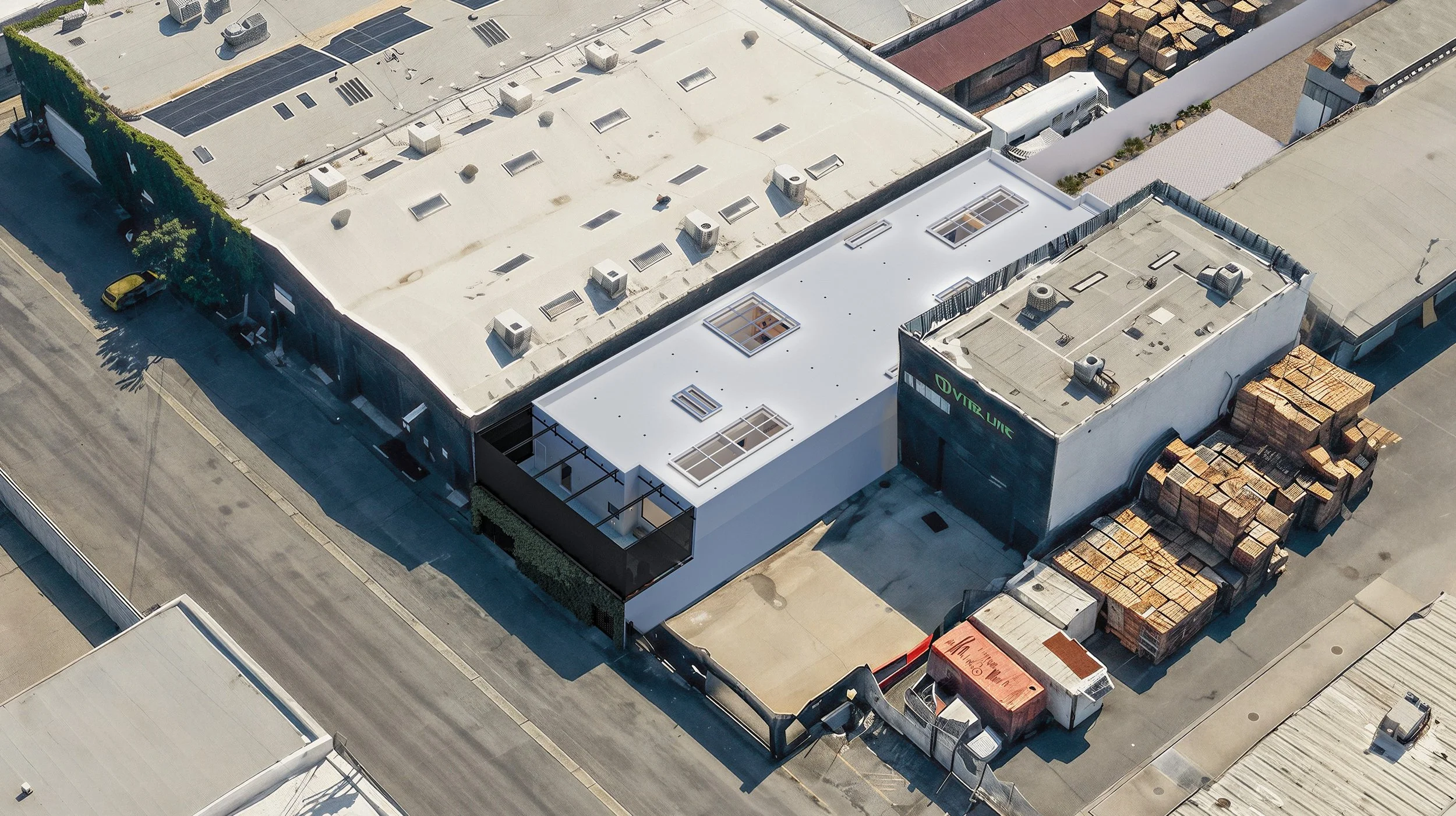 Bay Street Office — aerial view of the second-level addition above the existing industrial building, Arts District, Downtown Los Angeles