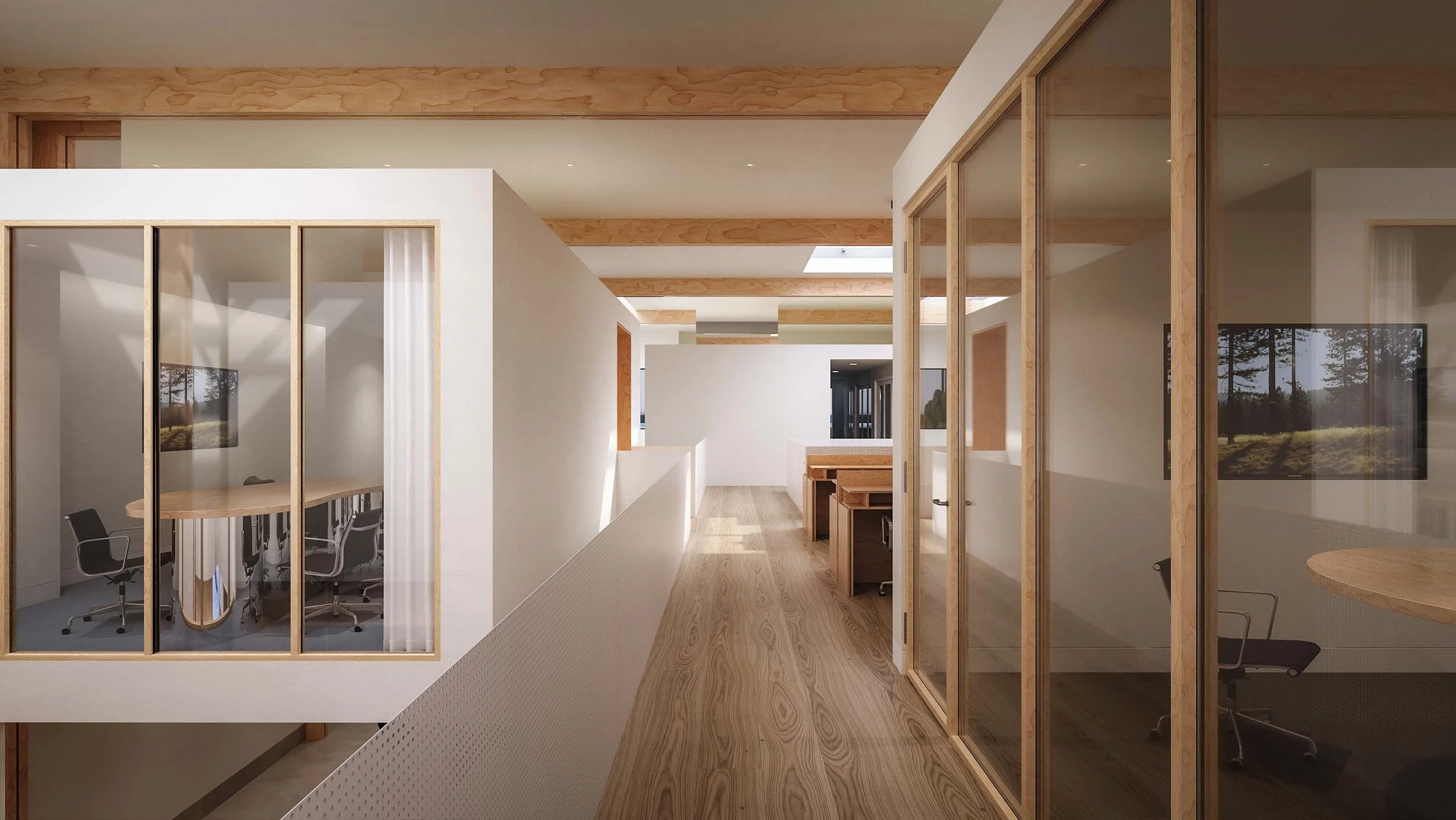 Bay Street Office — upper-level corridor between glazed, timber-framed meeting rooms, Arts District, Downtown Los Angeles
