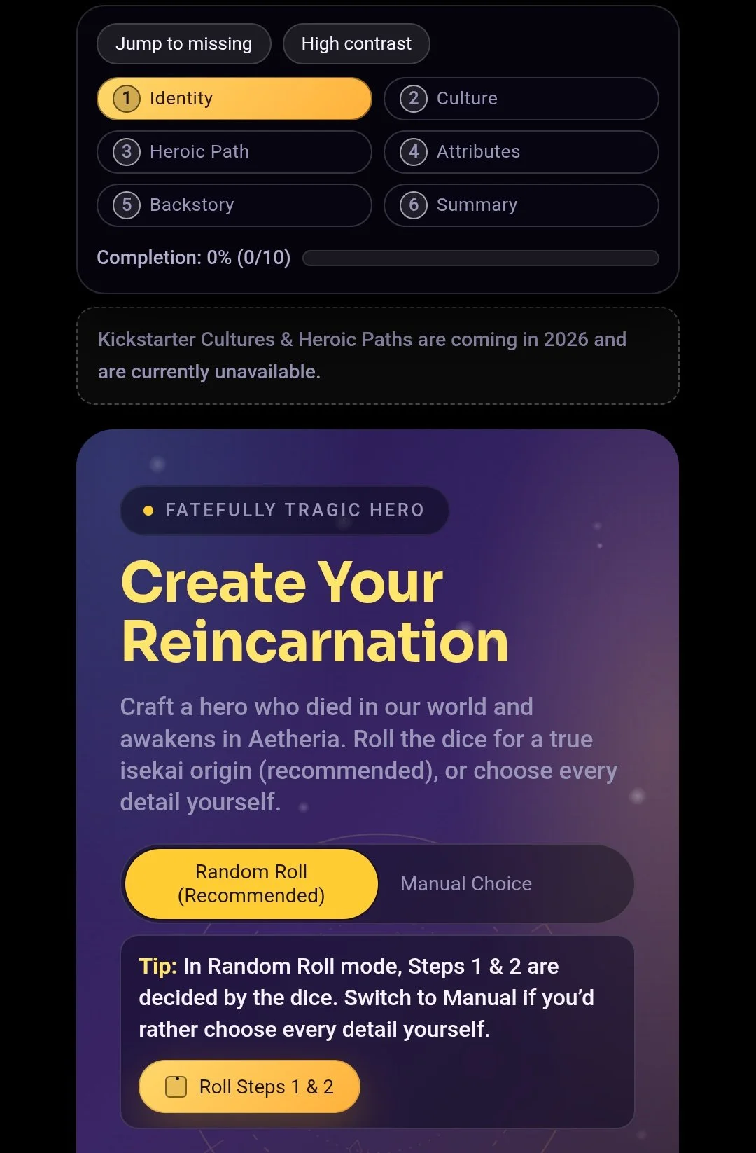 Fatefully Tragic Hero digital character creator preview