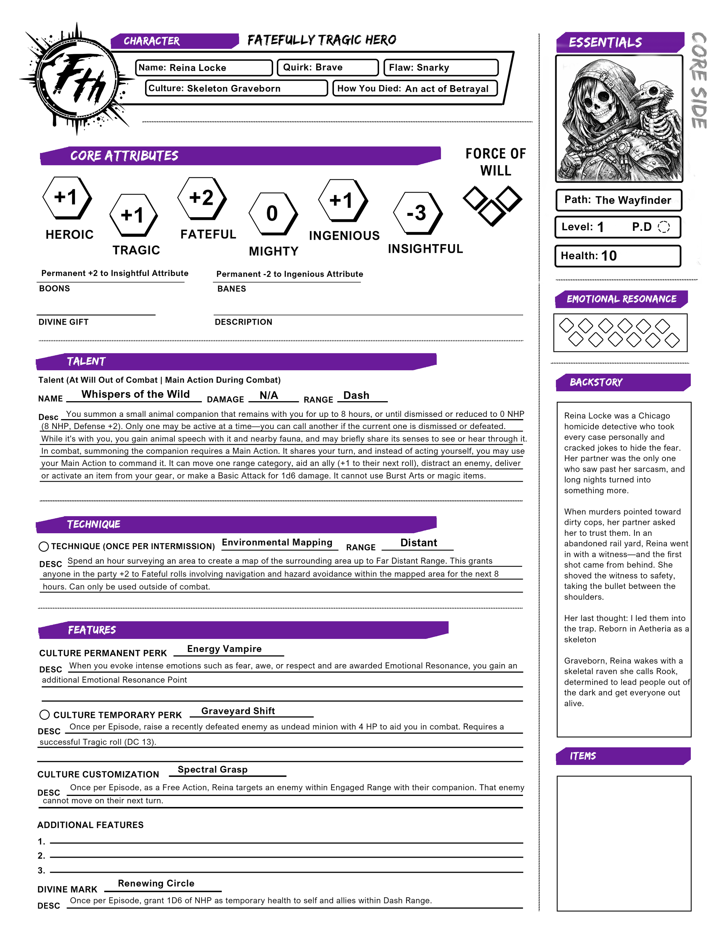 Premade hero sheet, side one