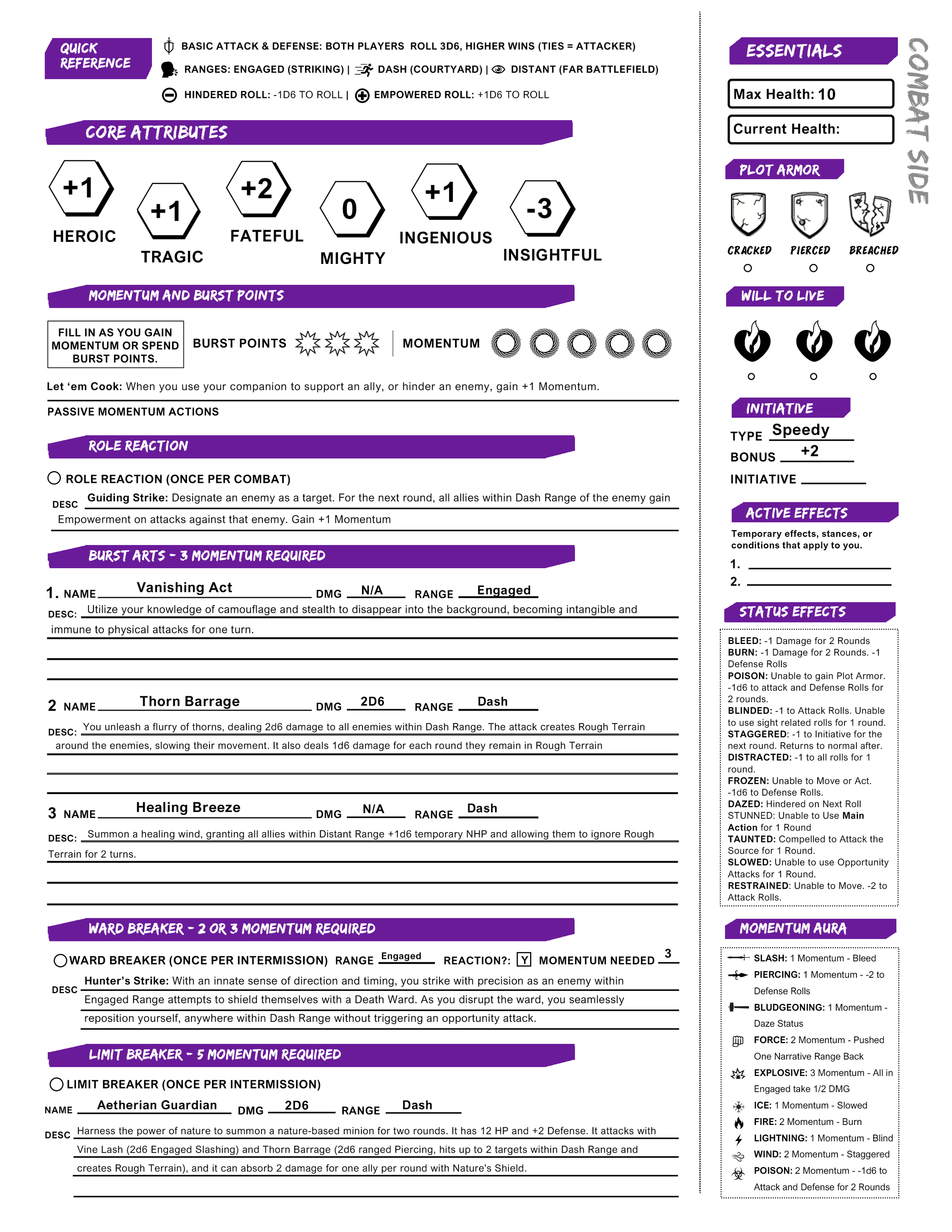 Premade hero sheet, side two