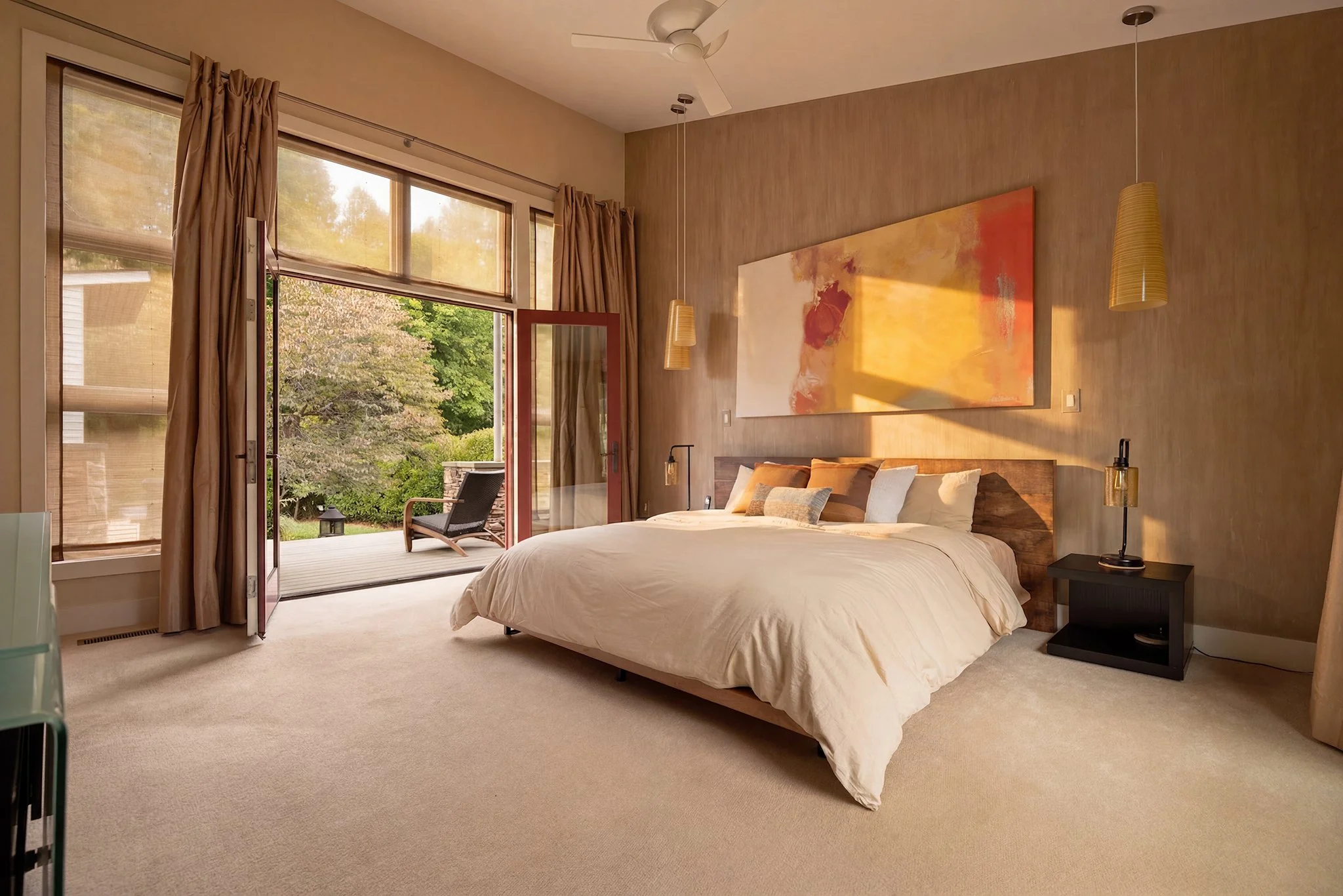 The same bedroom in the Bull City Media Signature style — warm, editorial tones with soft golden light