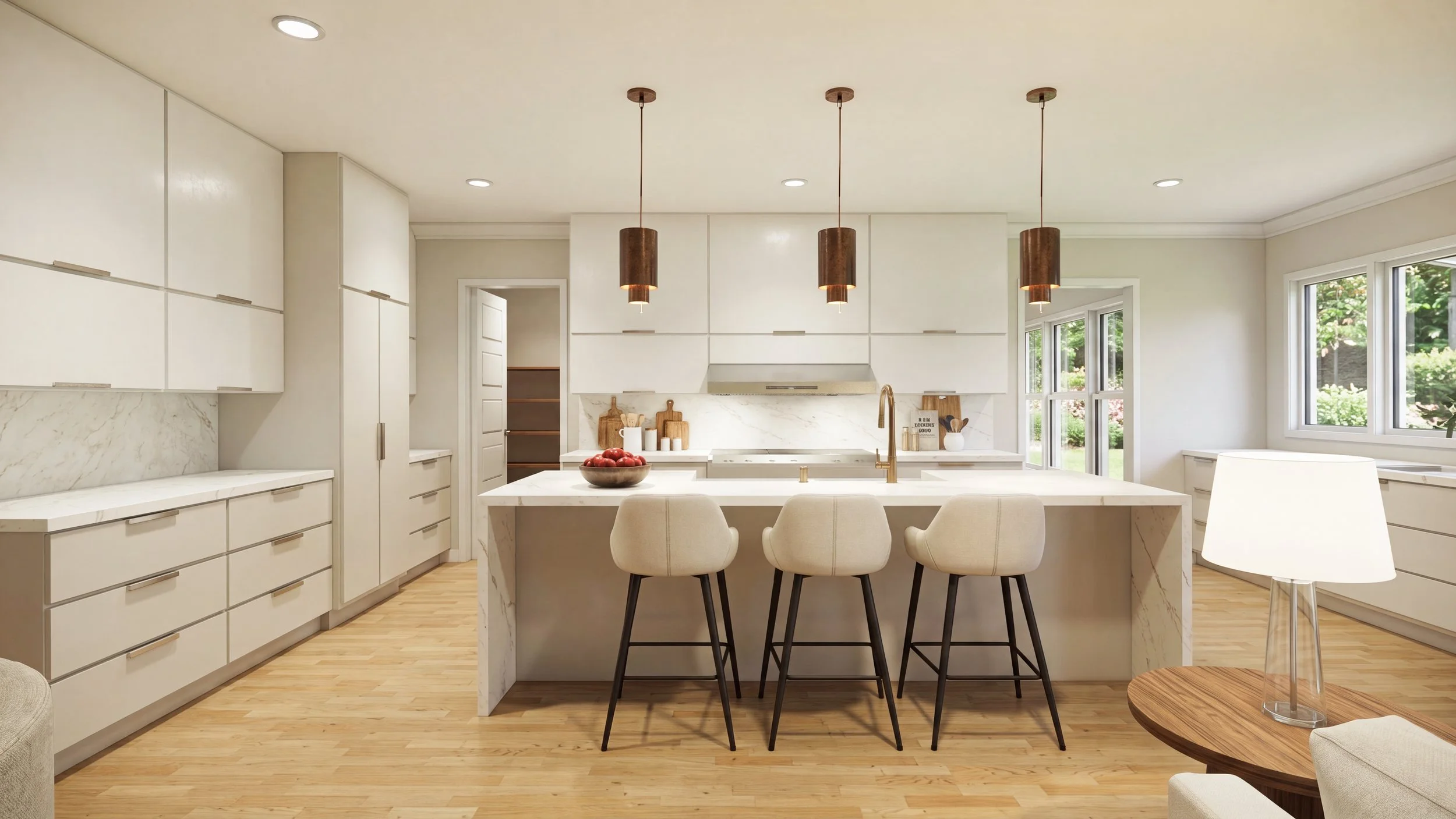 A frame from the walkthrough enhanced into a photo-style rendering of the finished kitchen