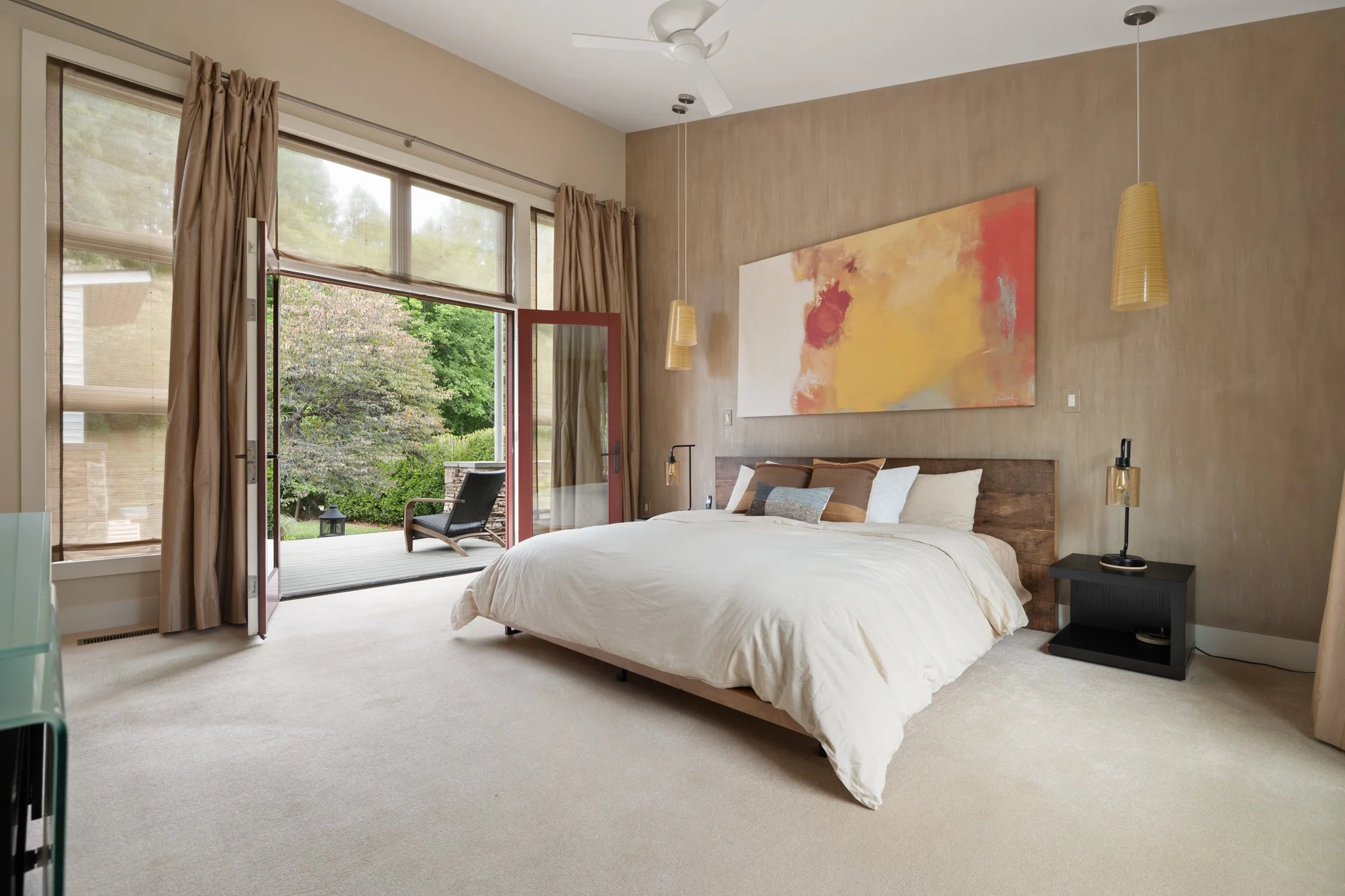 Primary bedroom in standard HDR style — bright, evenly lit, true to life