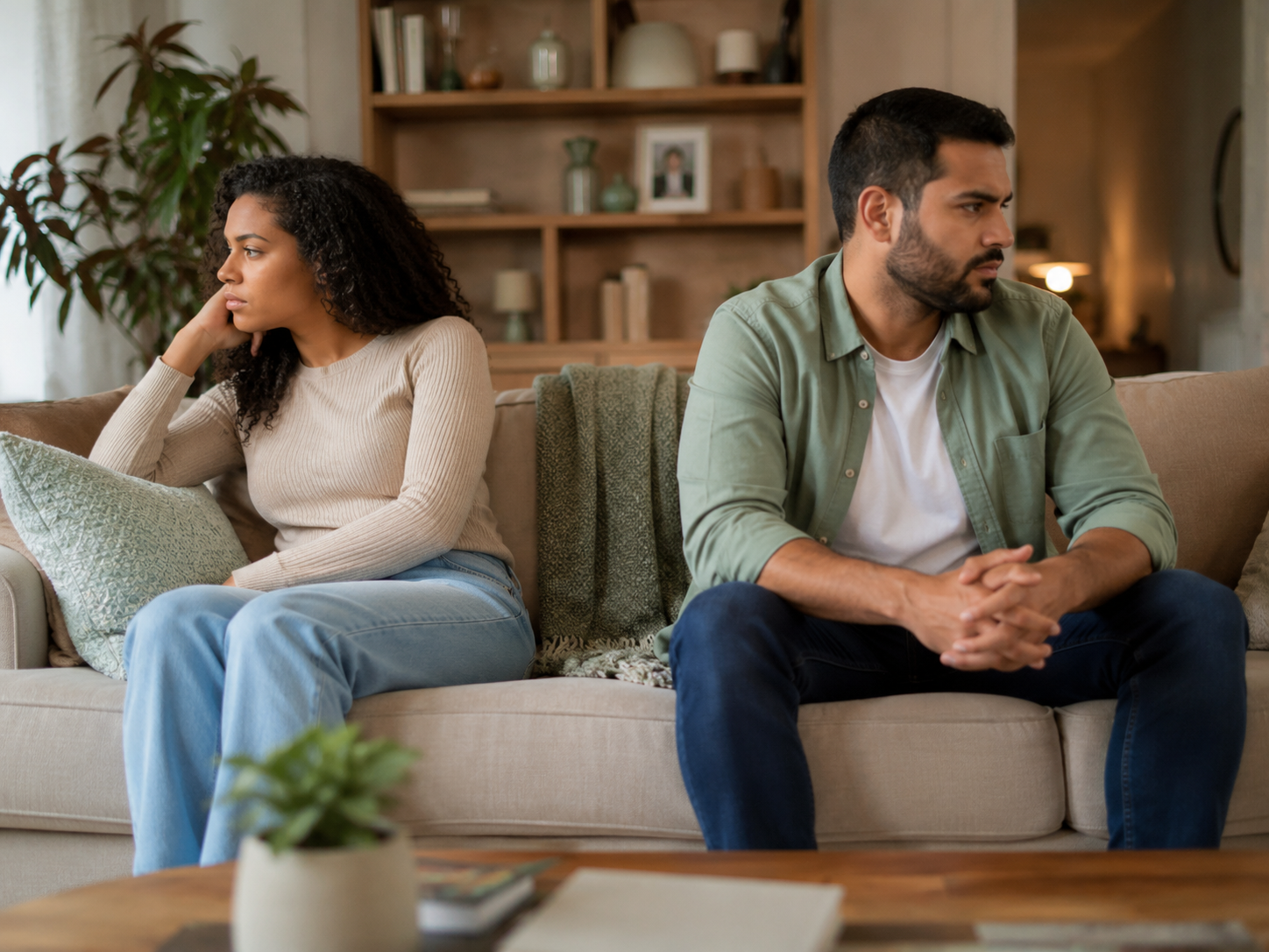 Two people sitting apart in the same room, illustrating relationship distance addressed in online couples therapy in California