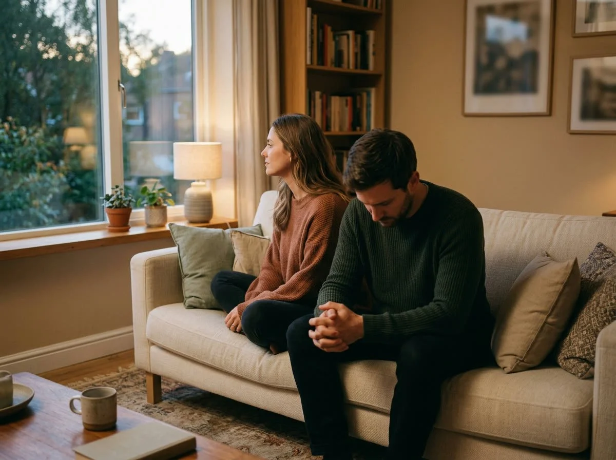 Two people sitting apart in the same room, illustrating relationship distance addressed in online couples therapy in California