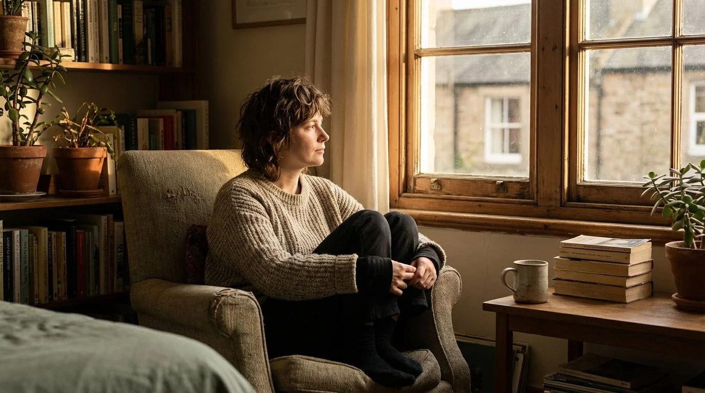 Person sitting alone, quietly carrying the weight of chronic illness