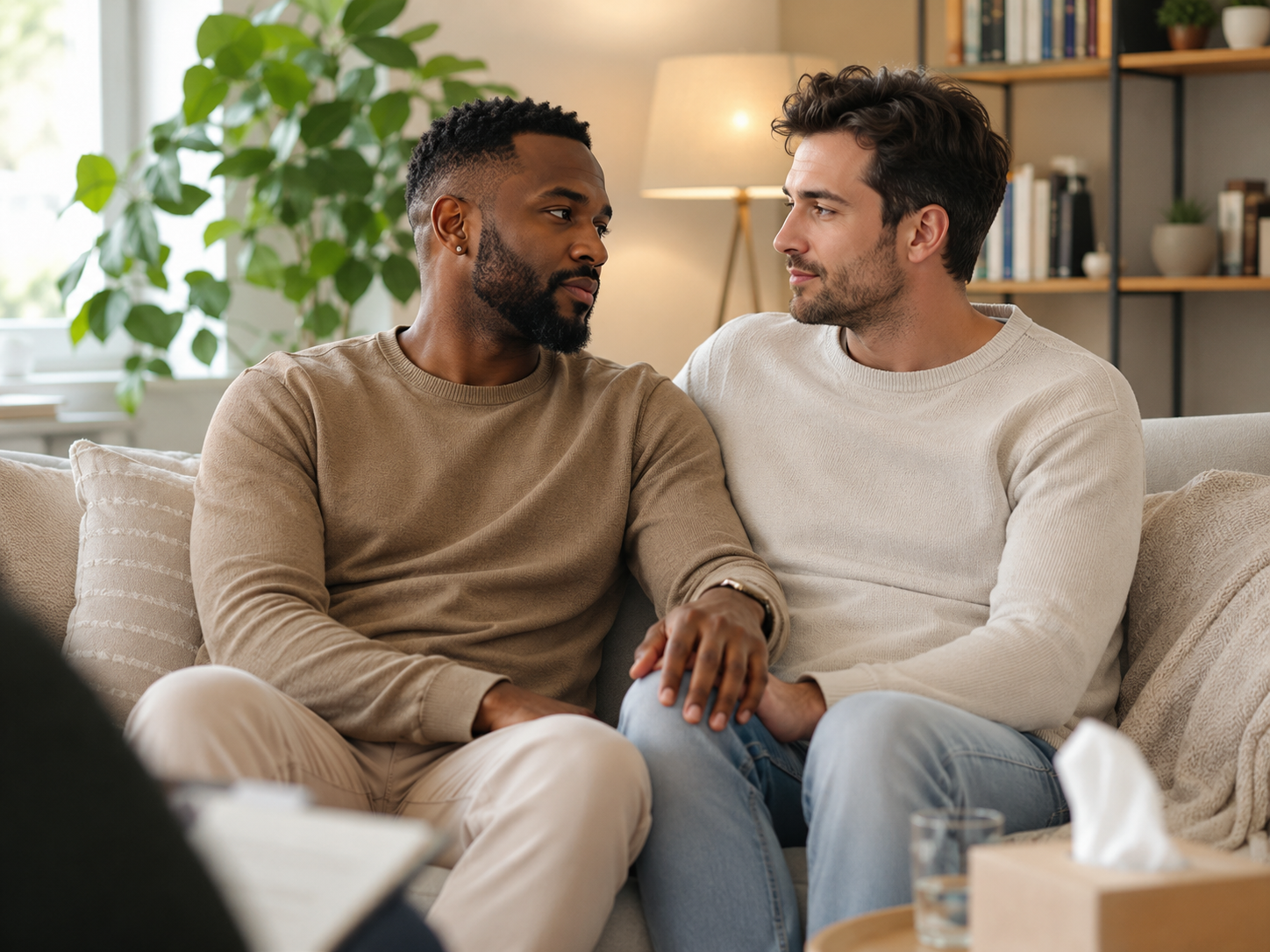 Couple sitting apart on a couch, quiet distance between them