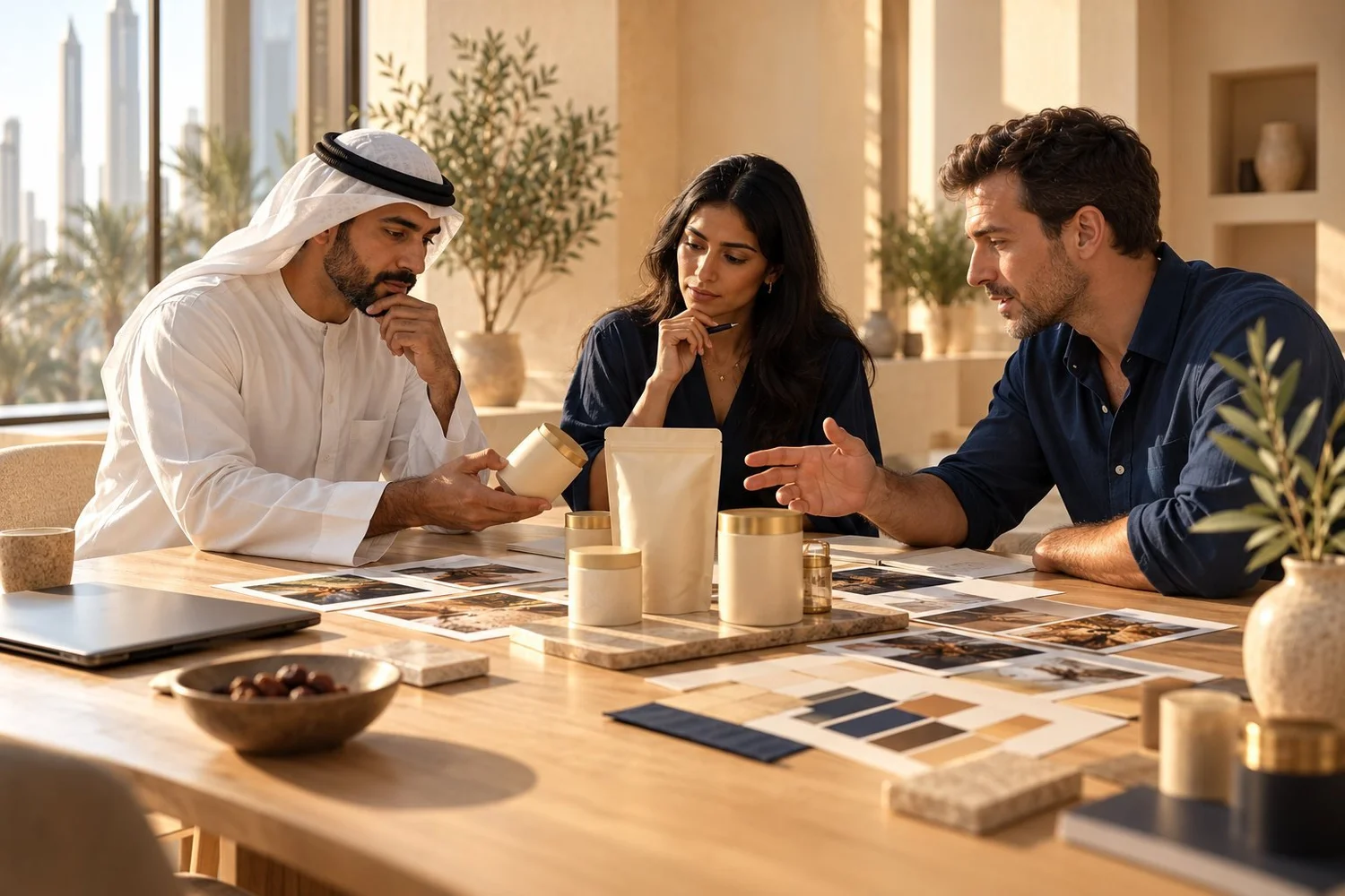 Team reviewing unbranded product prototypes and packaging