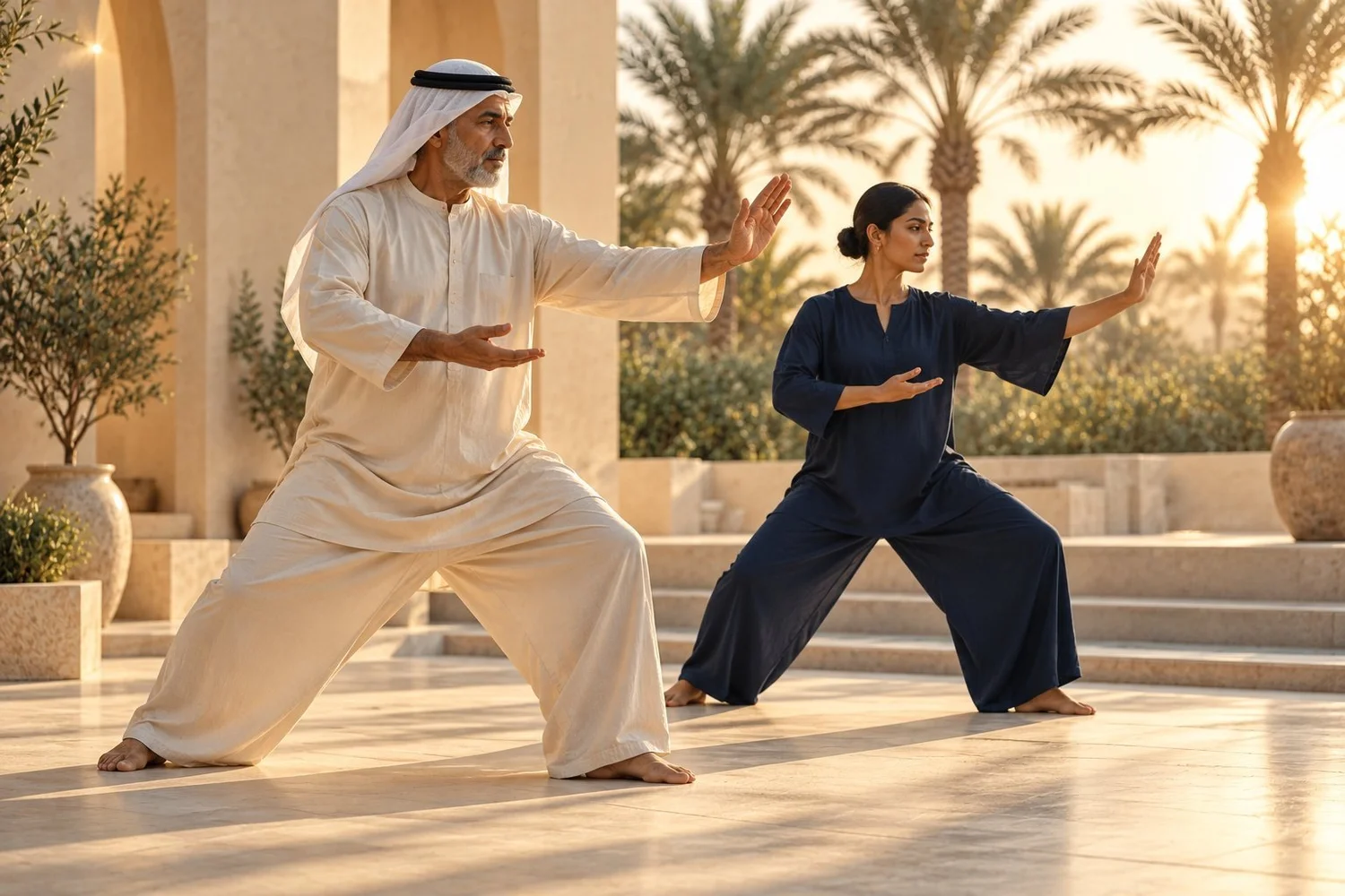 Two adults practising slow tai chi in a cream stone courtyard at sunrise