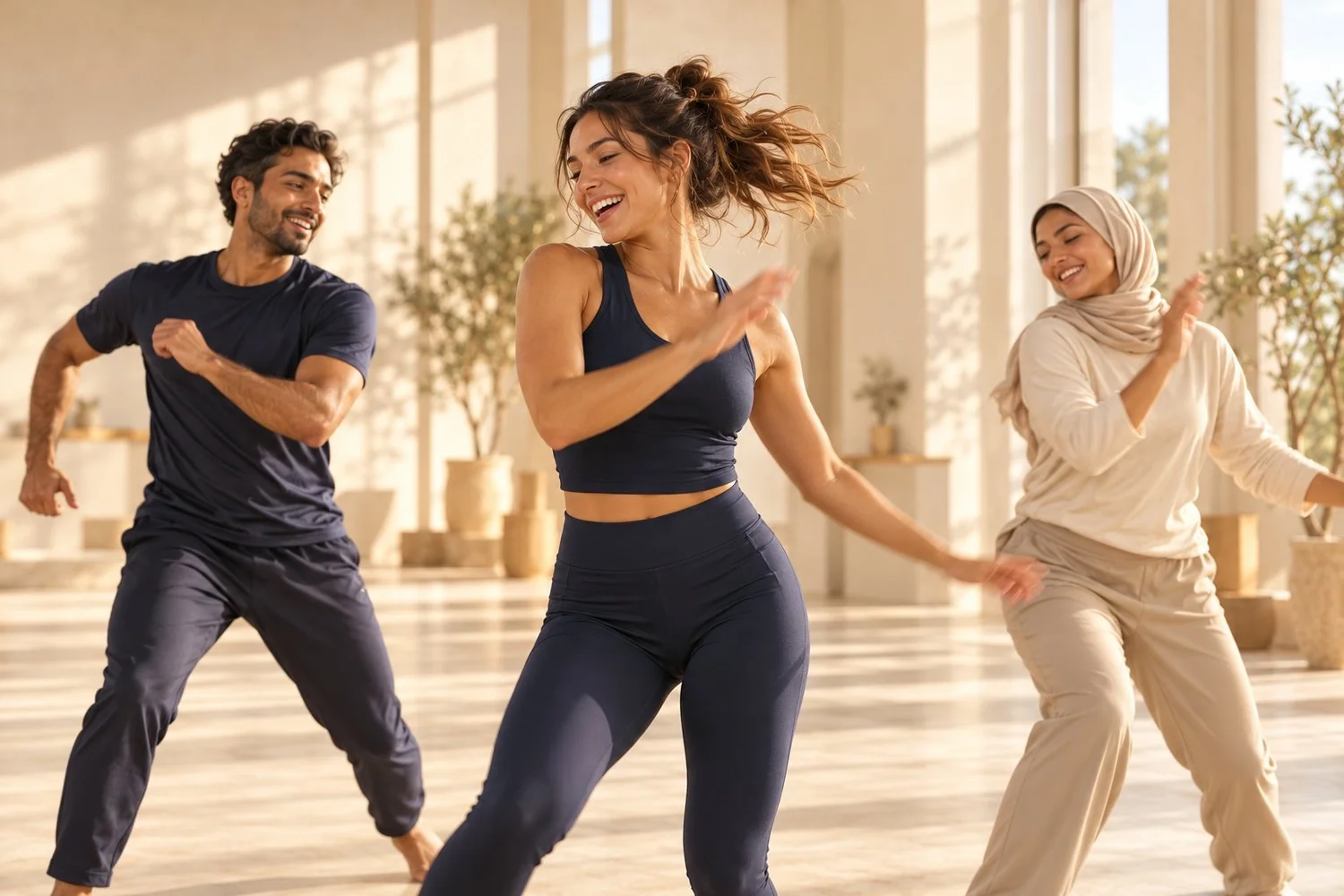 Three adults laughing during a simple dance fitness routine