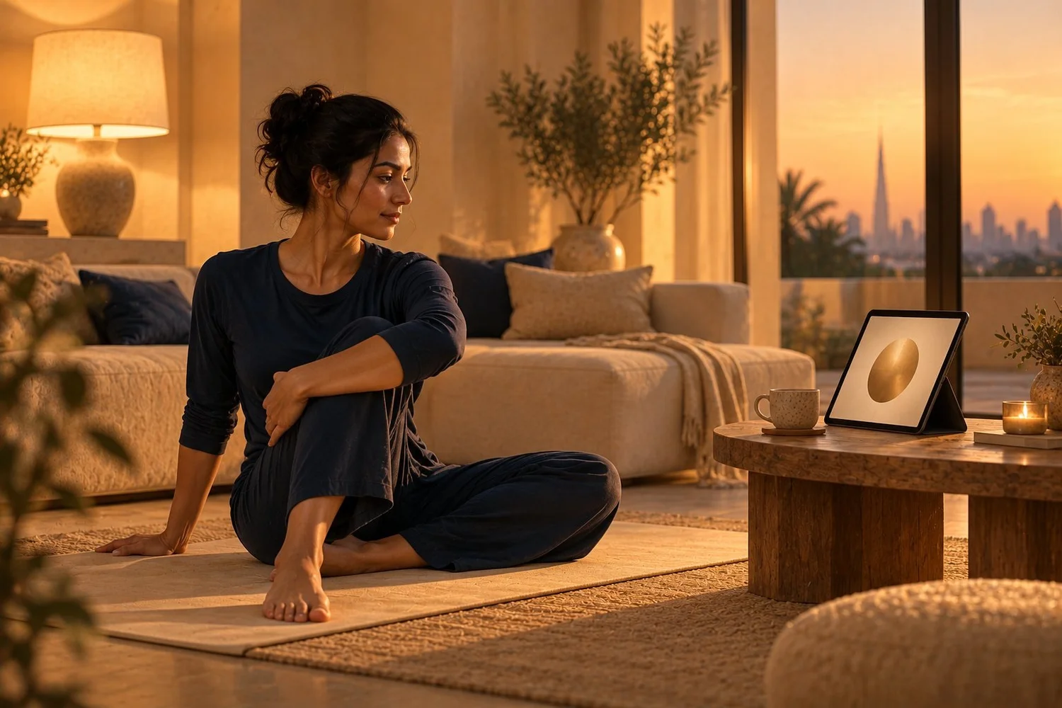 Woman following an online course on a tablet at home on a mat