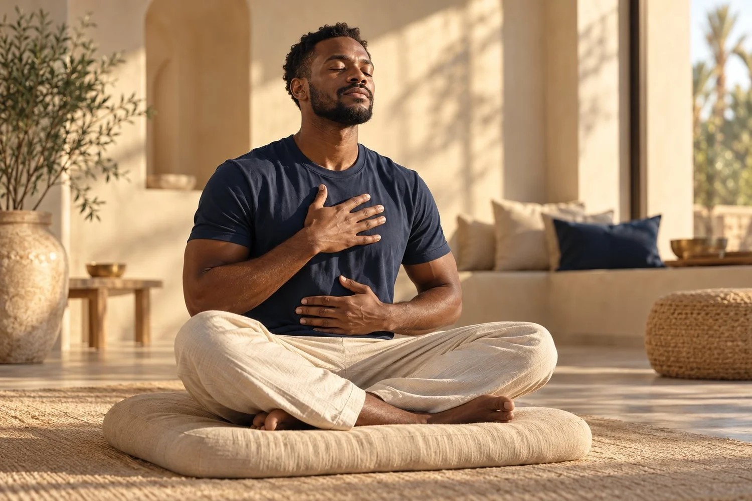 Man seated cross-legged practising slow breathing