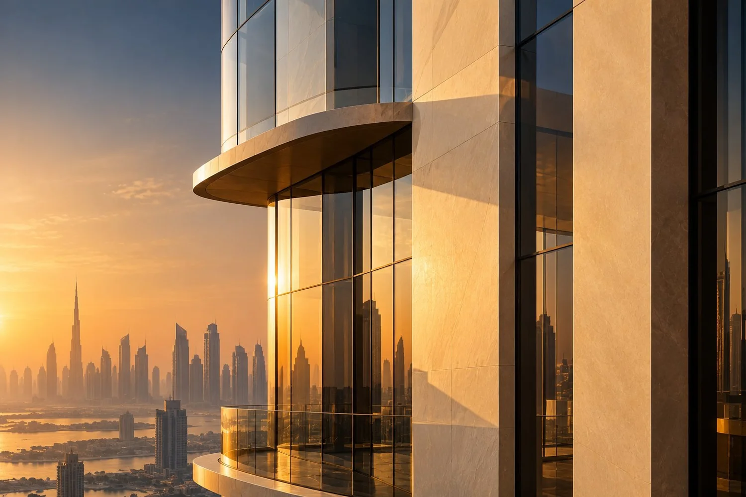 Golden-hour detail of a modern tower facade in the UAE