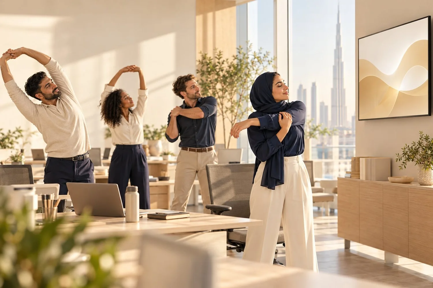 Colleagues taking a guided mobility break in a bright Dubai office