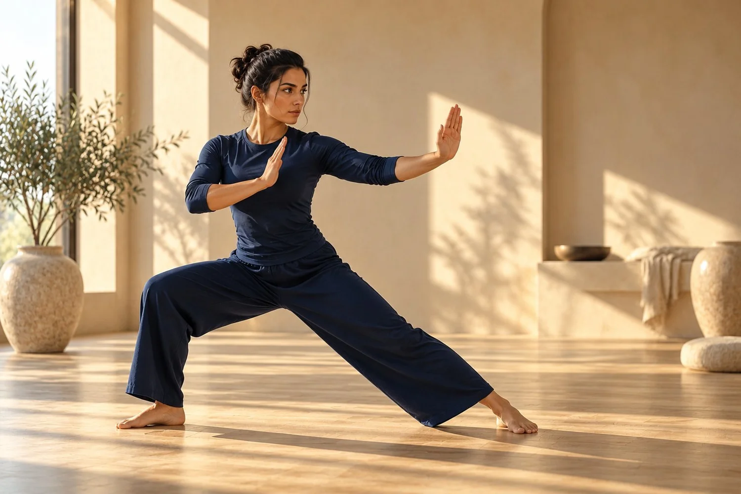 Woman holding a controlled martial-arts stance in a studio