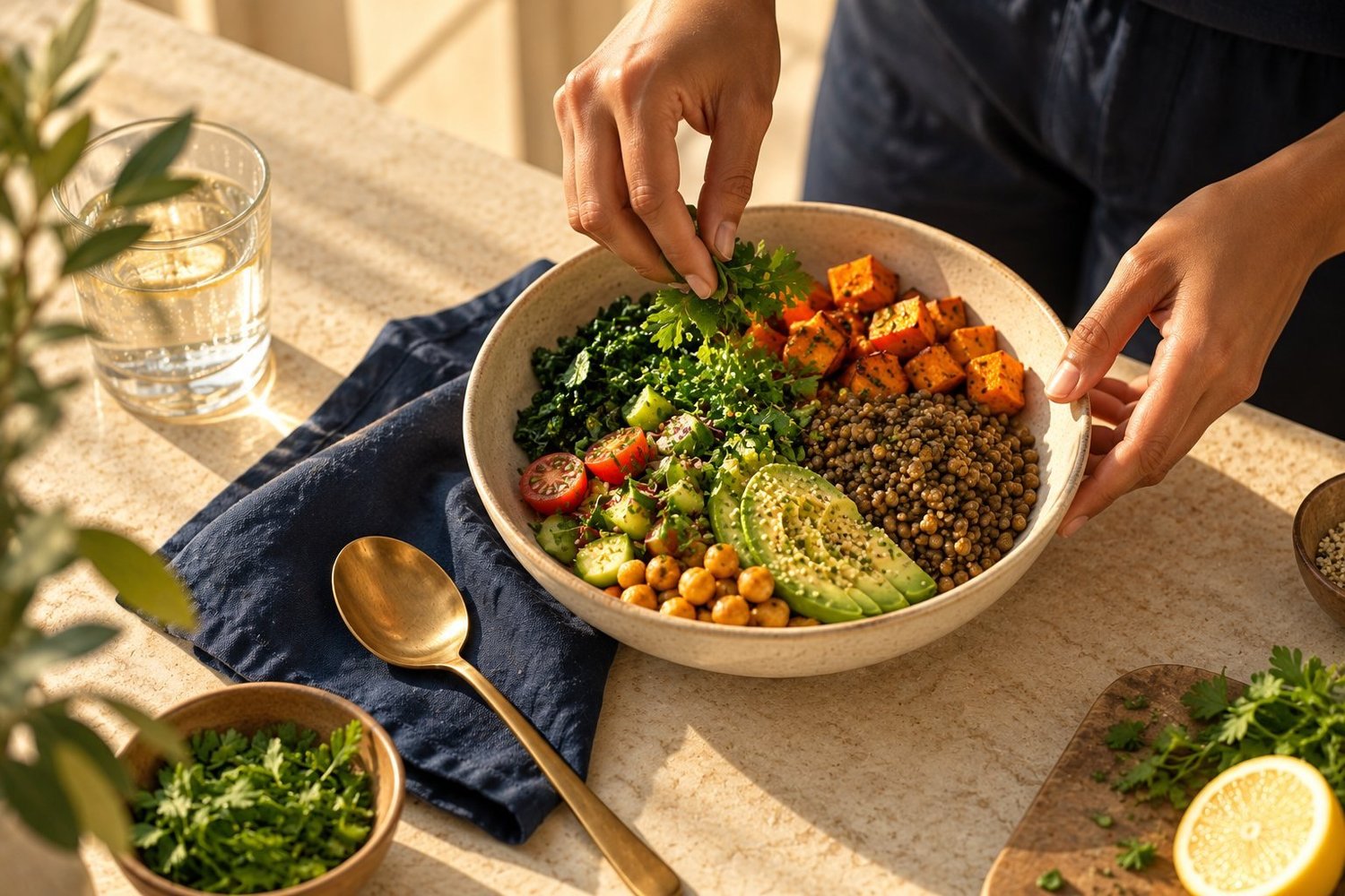 Hands arranging a colourful plant-forward lunch bowl