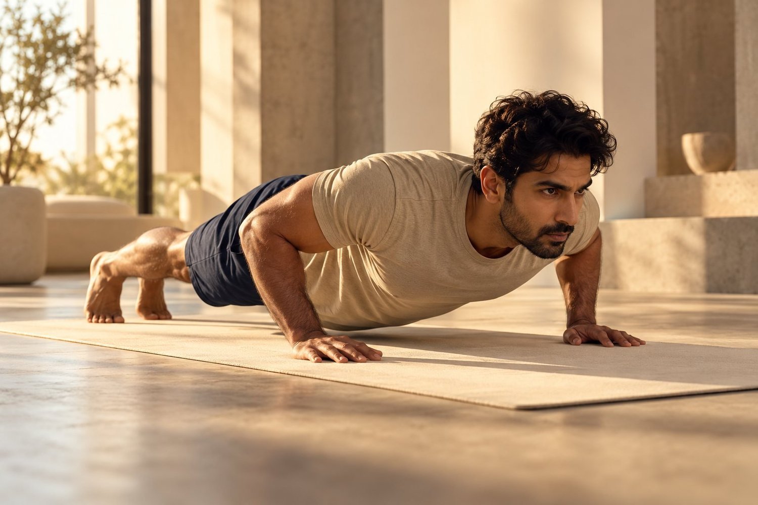 Man performing a controlled bodyweight push-up in a sunlit loft